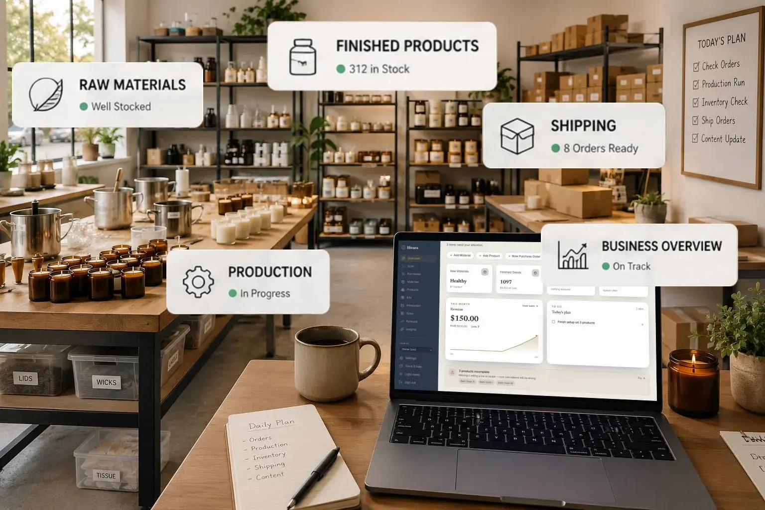 Hivara on a laptop showing cards for materials, production, shipping, and a business overview