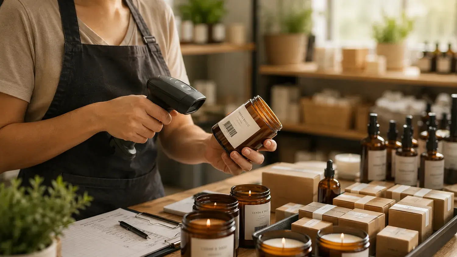 A maker scanning the barcode on a candle jar with a handheld scan gun in a warm candle and soap studio