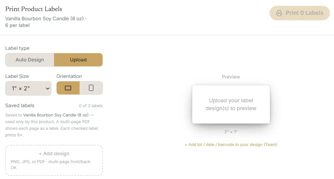 Hivara print product labels screen with auto-design or upload, label size, and a live preview
