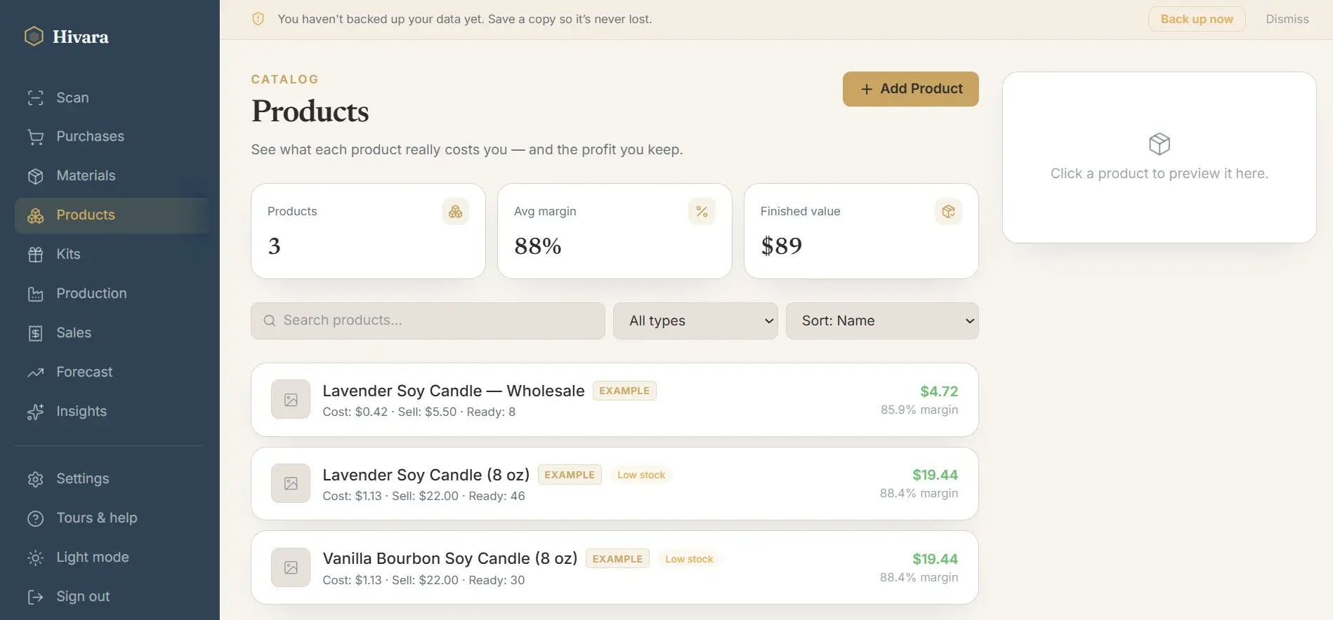Hivara products list showing each product's cost, selling price, and margin