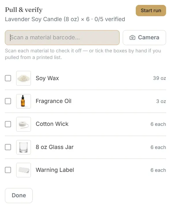 Hivara pull-and-verify screen with a material checklist and barcode scan box