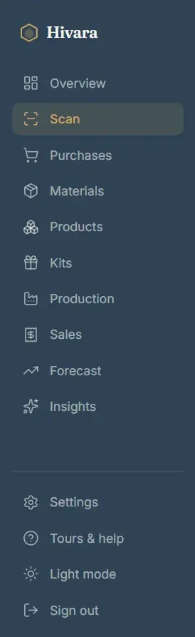 The Hivara sidebar listing Overview, Scan, Purchases, Materials, Products, Kits, Production, Sales, Forecast, Insights, and Settings
