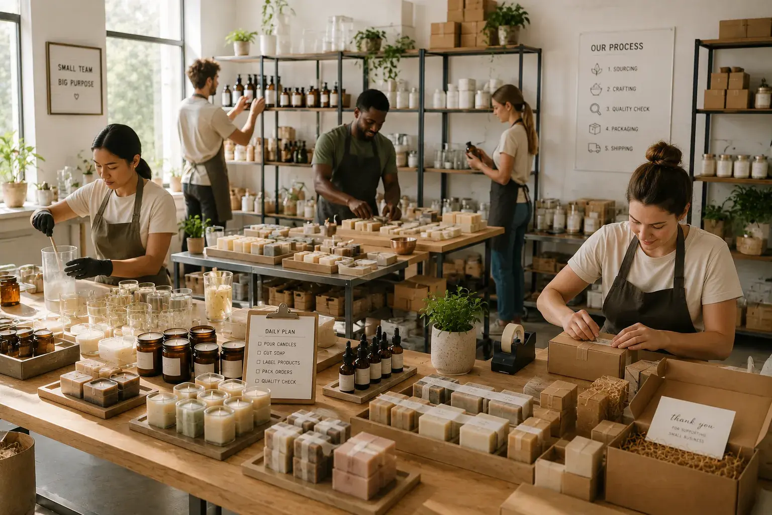 A small team making and packing handmade products together on a studio floor